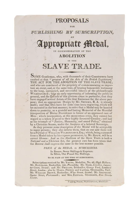 Proposal for publishing by subscription, an appropriate medal, in commemoration of the Abolition of the Slave Trade.