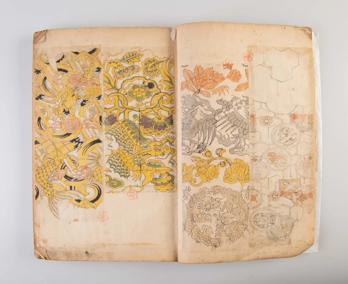 A collection of three weaving pattern scrapbooks, including Orimono kodai zu [Album of antique woven textile designs]