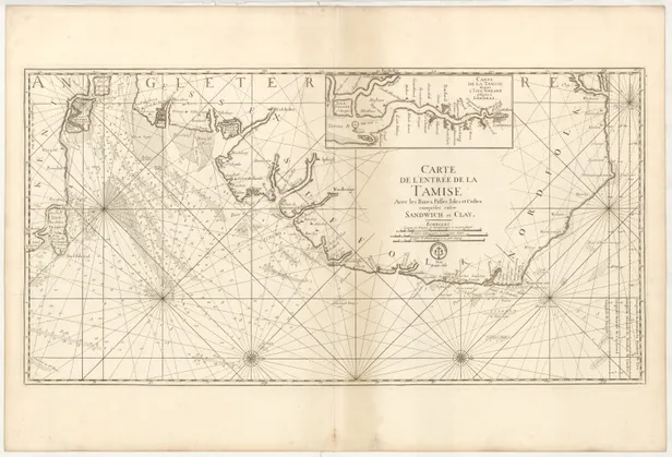 Carte de L'Entrée de la Tamise avec les Bancs, Passes, Isles et Costes Comprises entre Sandwich et Clay.