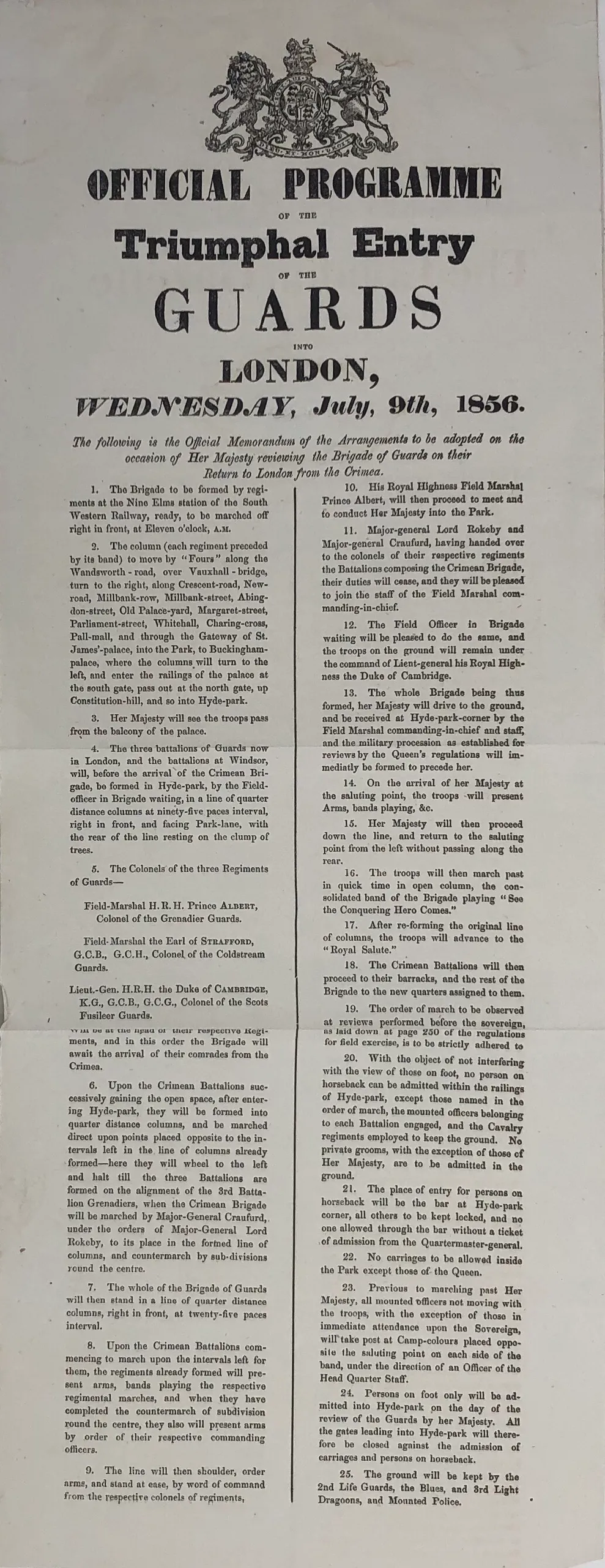 Official Programme of the Triumphal Entry of the Guards into London, Wednesday, July 9th, 1856.