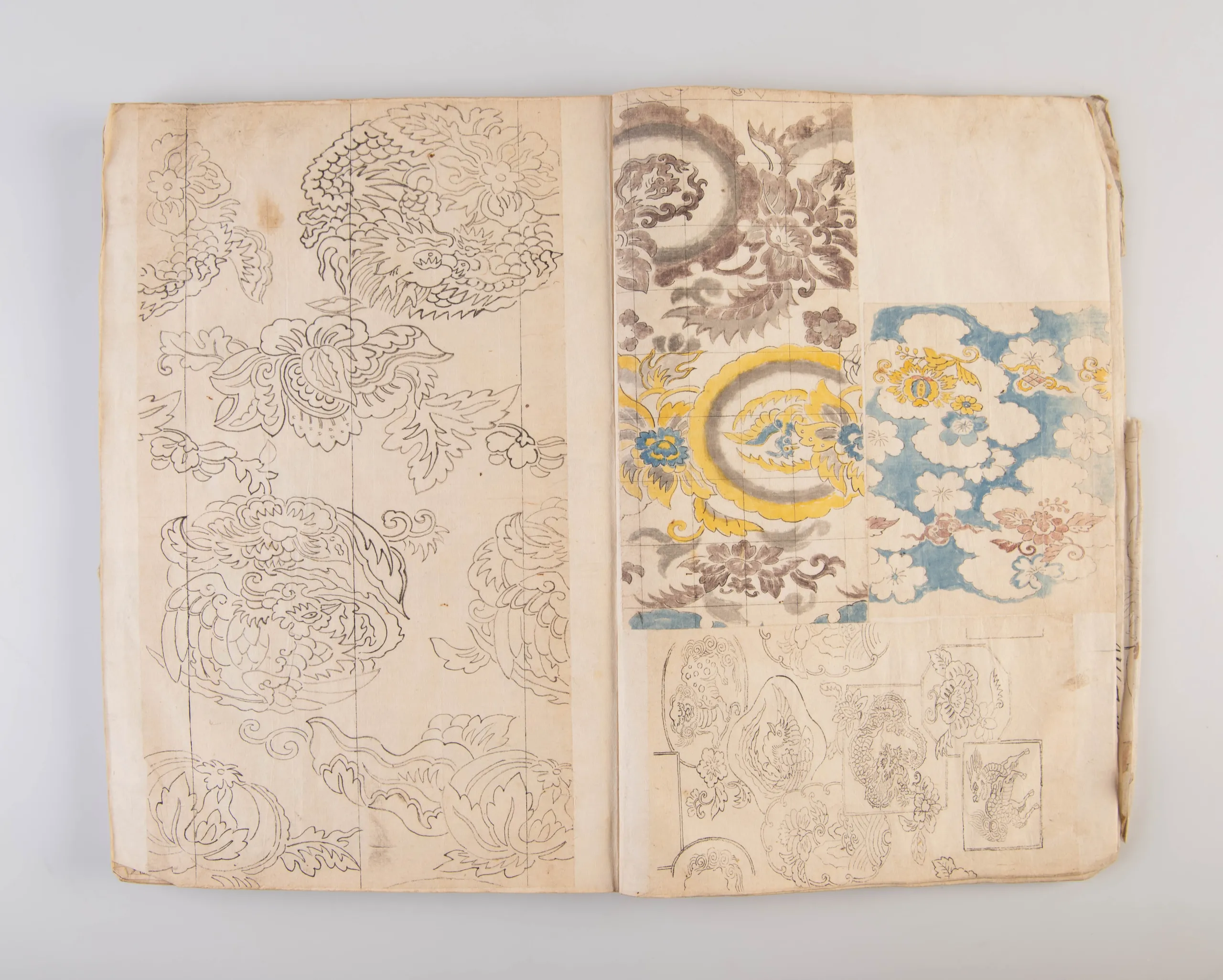 A collection of three weaving pattern scrapbooks, including Orimono kodai zu [Album of antique woven textile designs]
