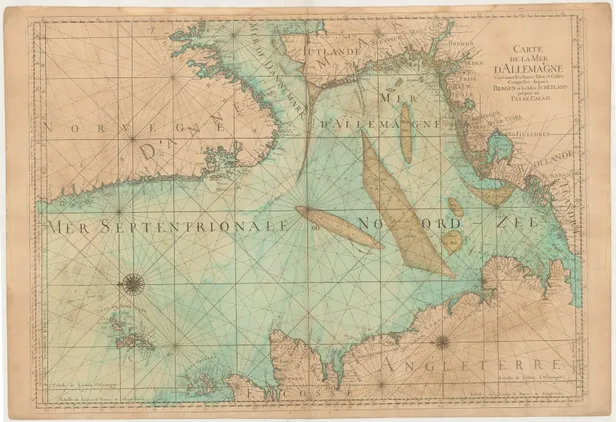 Carte de la Mer d'Allemagne contenant les Bancs Isles et Costes comprises depuis Bergen et les Isles Schetland jusques au Pas de Calais.