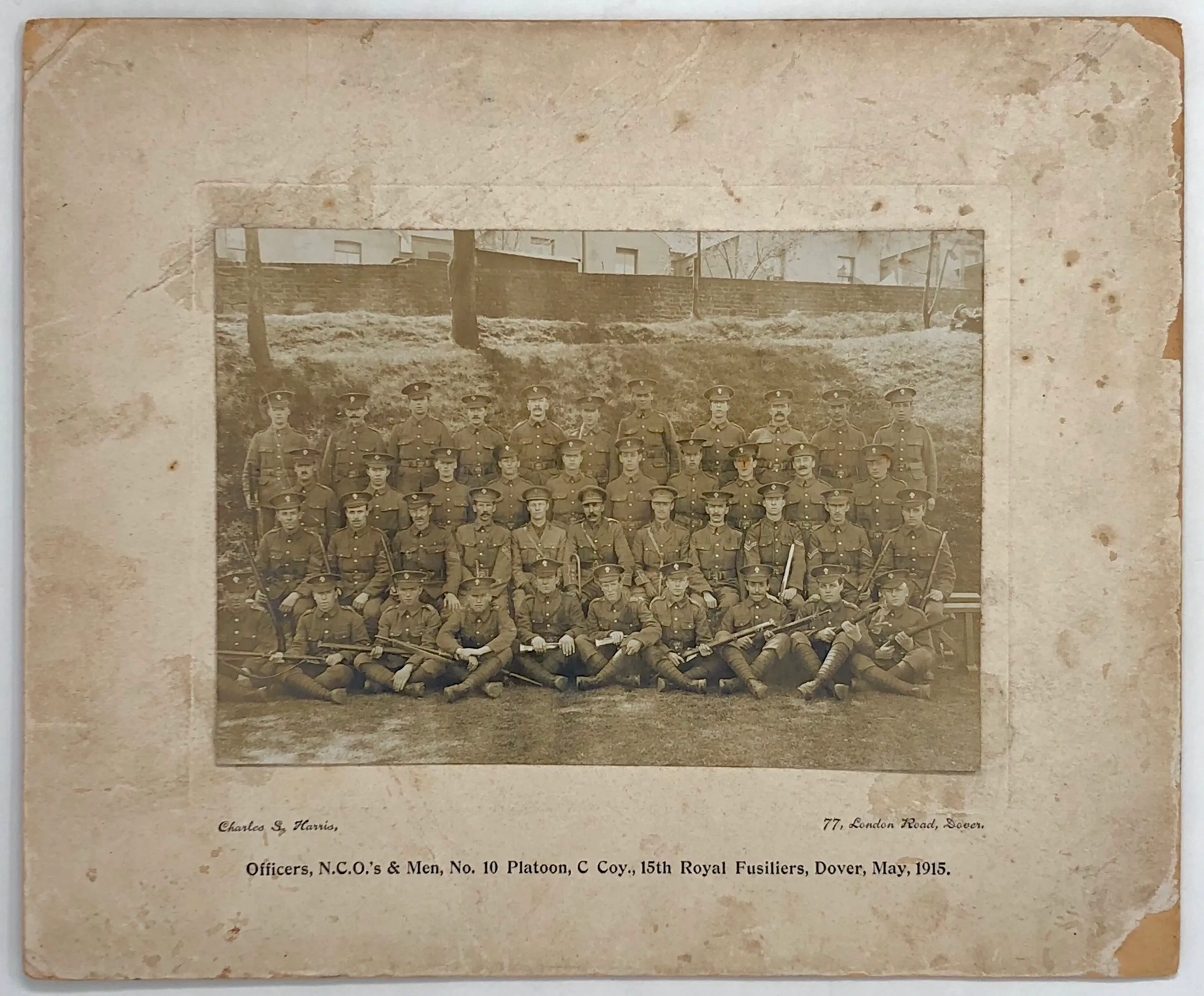 Photographic Group Portrait Officer's, N.C.O.'s & Men, No. 10 Platoon, C. Coy., 15th Royal Fusiliers, Dover, May, 1915.