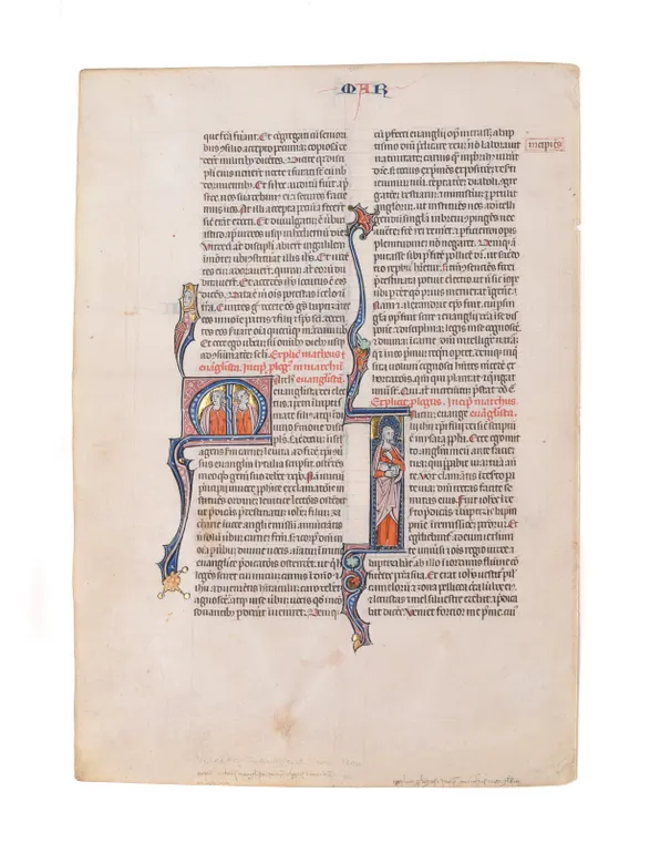 Two historiated initials depicting St Mark and Two Men on a leaf from the Mailhac-Faber Bible, illuminated manuscript in Latin on vellum. [Southern France, late 13th or early 14th century]