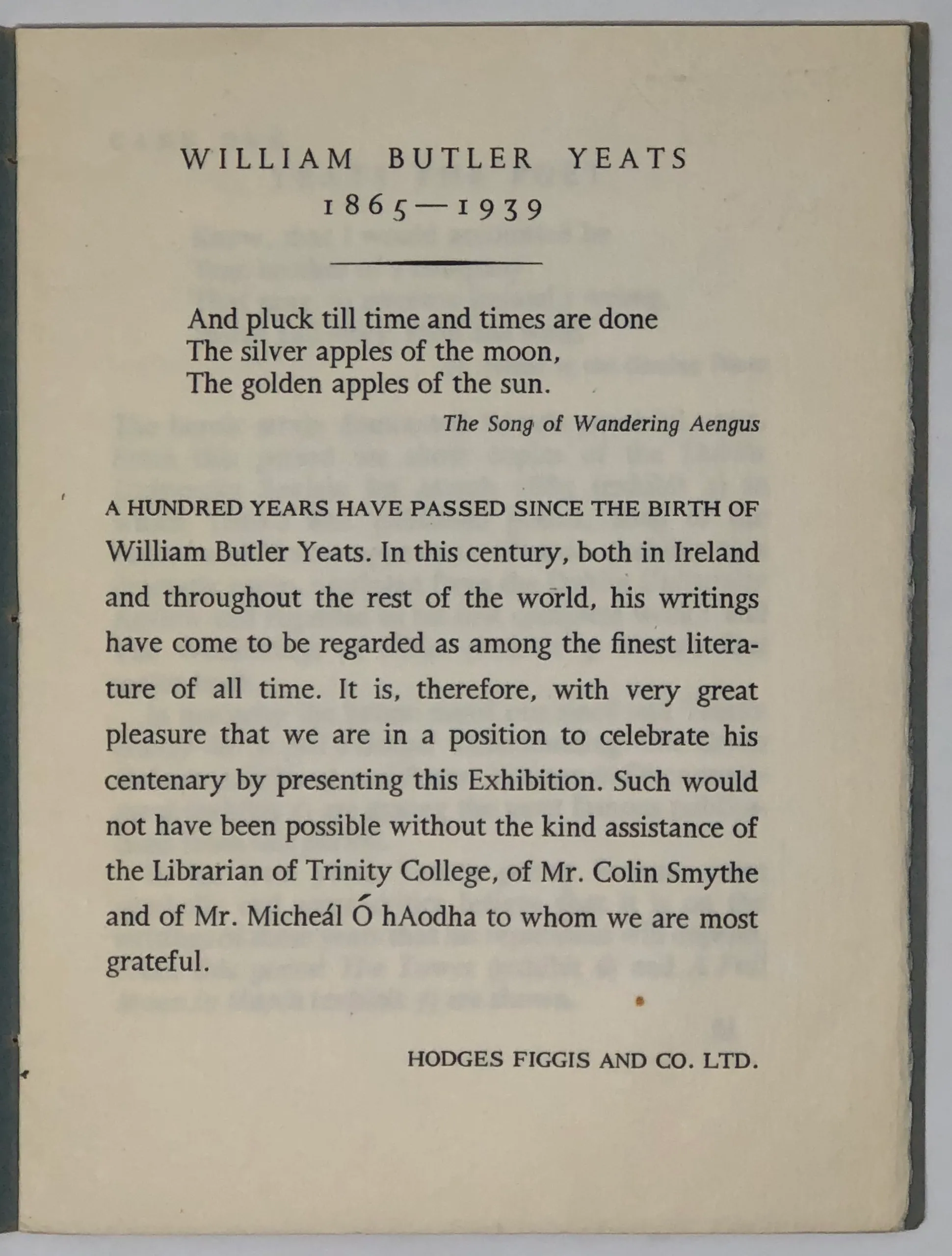 William Butler Yeats. 13 June 1865 - 13 June 1965.