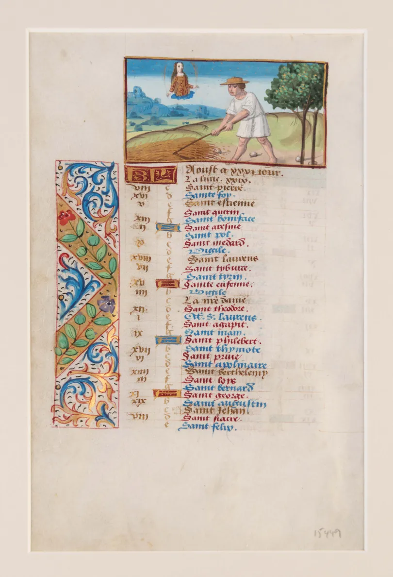Illuminated leaf on vellum for July/August from the calendar of a Book of Hours. Central France (Bourges or Tours ?), c.