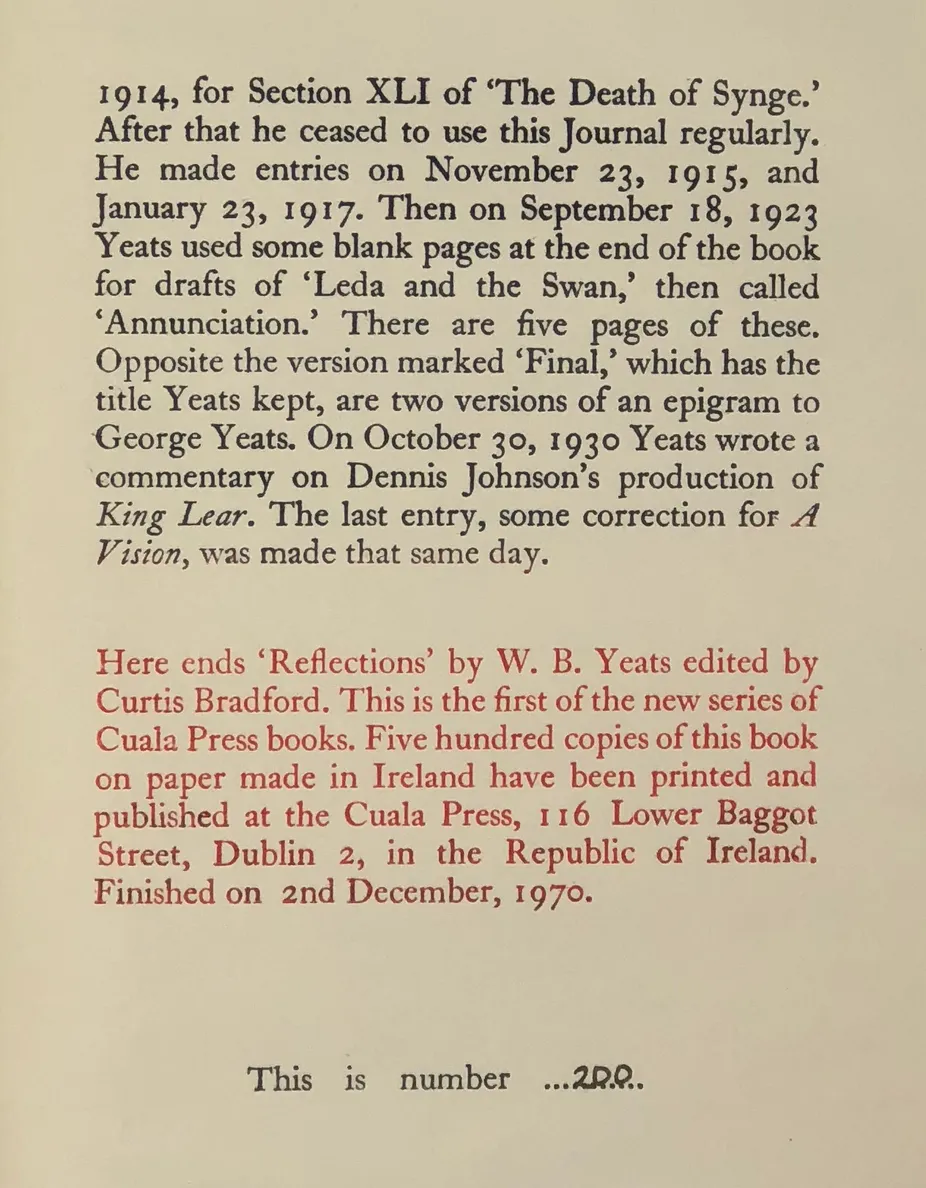 Reflections by W.B. Yeats. Transcribed and Edited by Curtis Bradford from the Journals.