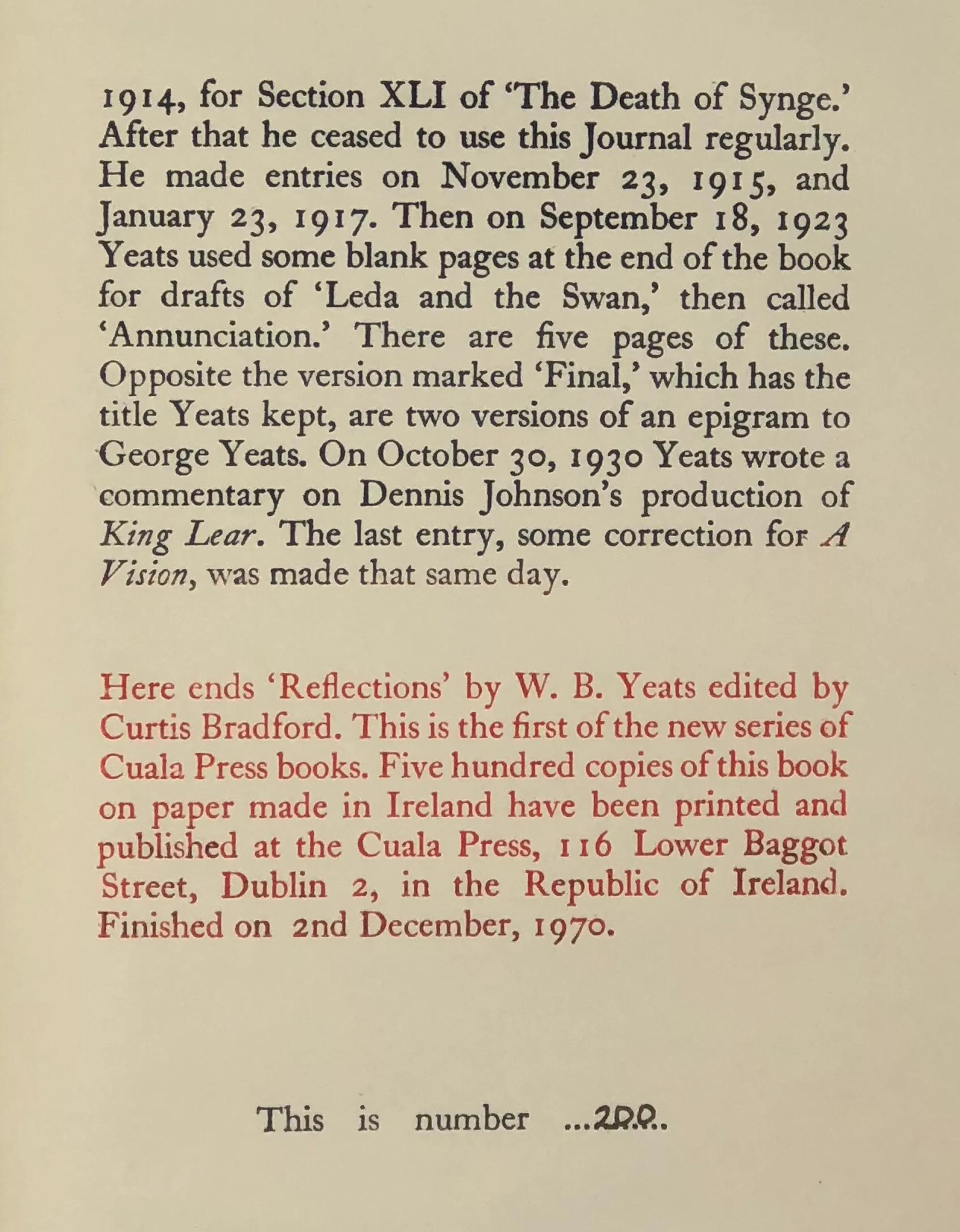 Reflections by W.B. Yeats. Transcribed and Edited by Curtis Bradford from the Journals.