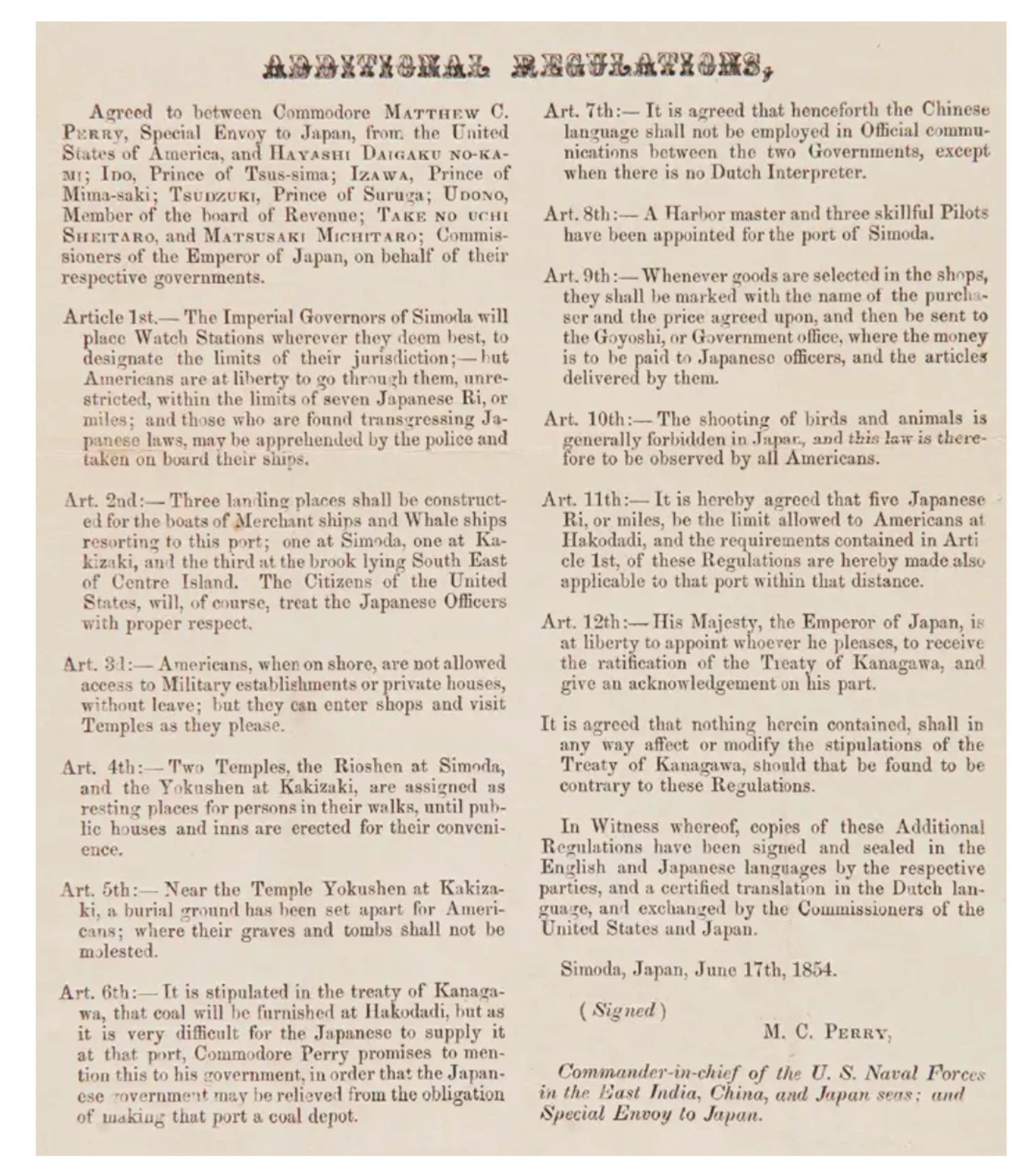 Japan Expedition Press. Additional Regulations, Agreed between Commodore Matthew C. Perry and Commissioners of the Emperor of Japan, on Behalf of their Respective Governments.
