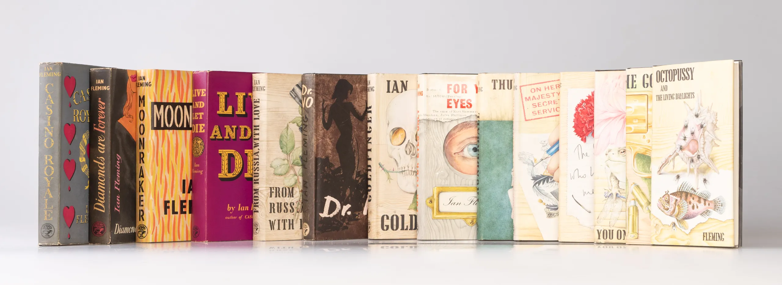 A Complete Set of the James Bond Novels and Stories in First Edition: Casino Royale, Diamonds are Forever, Live and Let Die, Moonraker, From Russia With Love, Dr. No, Goldfinger, For Your Eyes Only, Thunderball, The Spy Who Loved Me, On Her Majesty's Secr