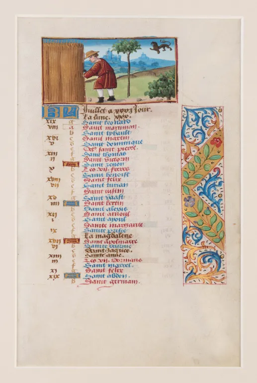 Illuminated leaf on vellum for July/August from the calendar of a Book of Hours. Central France (Bourges or Tours ?), c.