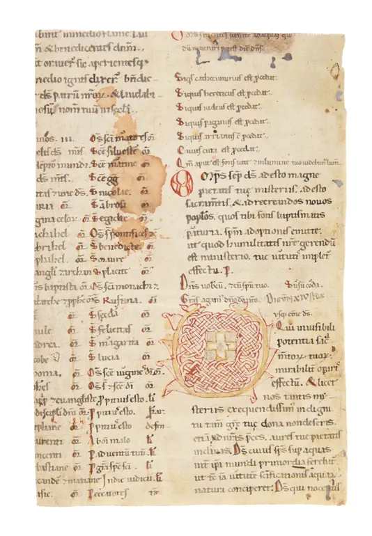 Paschal Vigil for SS. Rufina e Seconda in Trastevere. Fragment of a leaf of the Paschal Vigil from a Liturgical book in Latin, decorated manuscript on vellum.
 [Italy, probably Rome, 12th century].