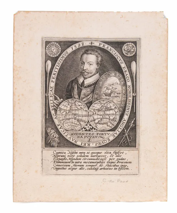 [Engraved portrait of Sir Francis Drake with a map of the World] Francisco Draco nobilissimus Angliae Eques ... 1598.