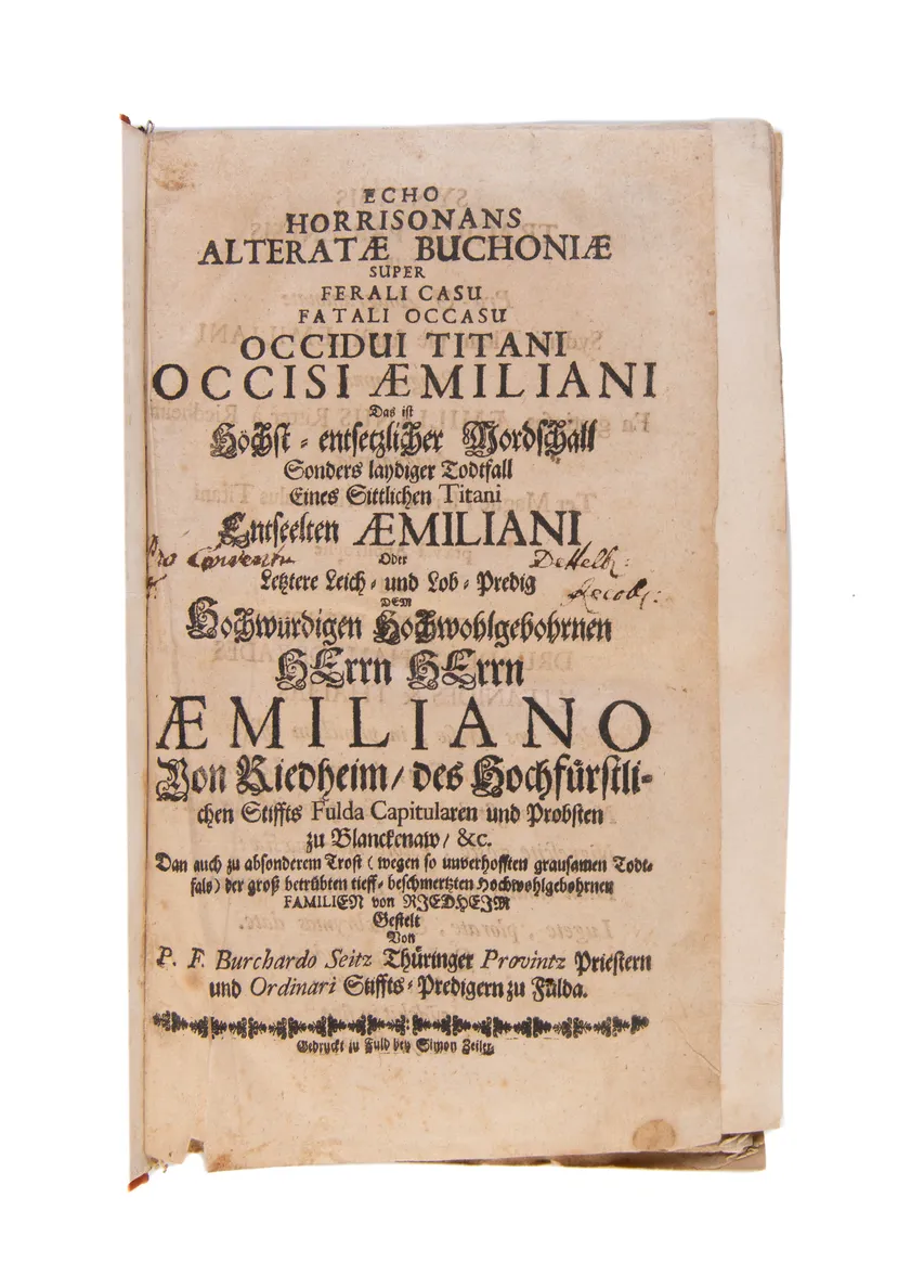 A fine Sammelband of 47 funeral orations, mostly of high ranking members of the clergy in Southern Germany, Emperors and local secular rulers.   
Würzburg etc., from 1694.