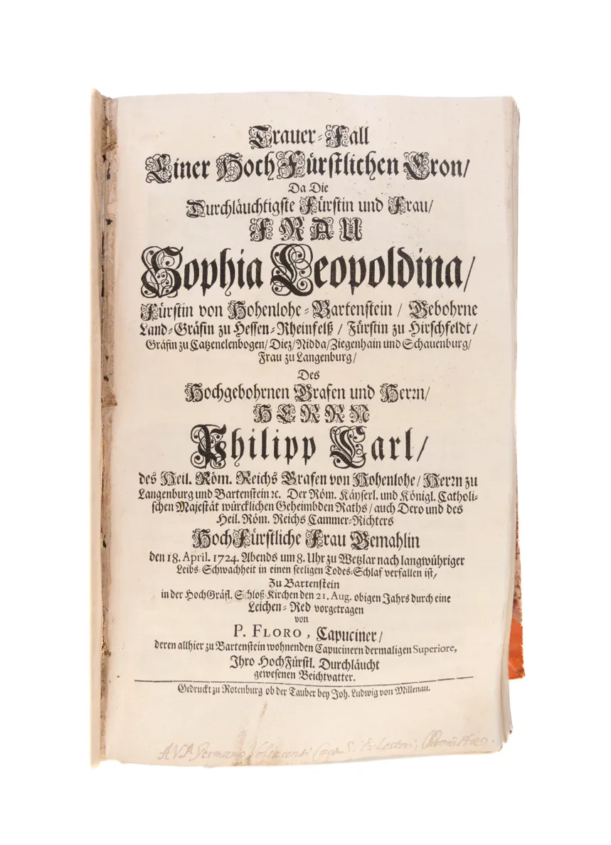 A fine Sammelband of 47 funeral orations, mostly of high ranking members of the clergy in Southern Germany, Emperors and local secular rulers.   
Würzburg etc., from 1694.