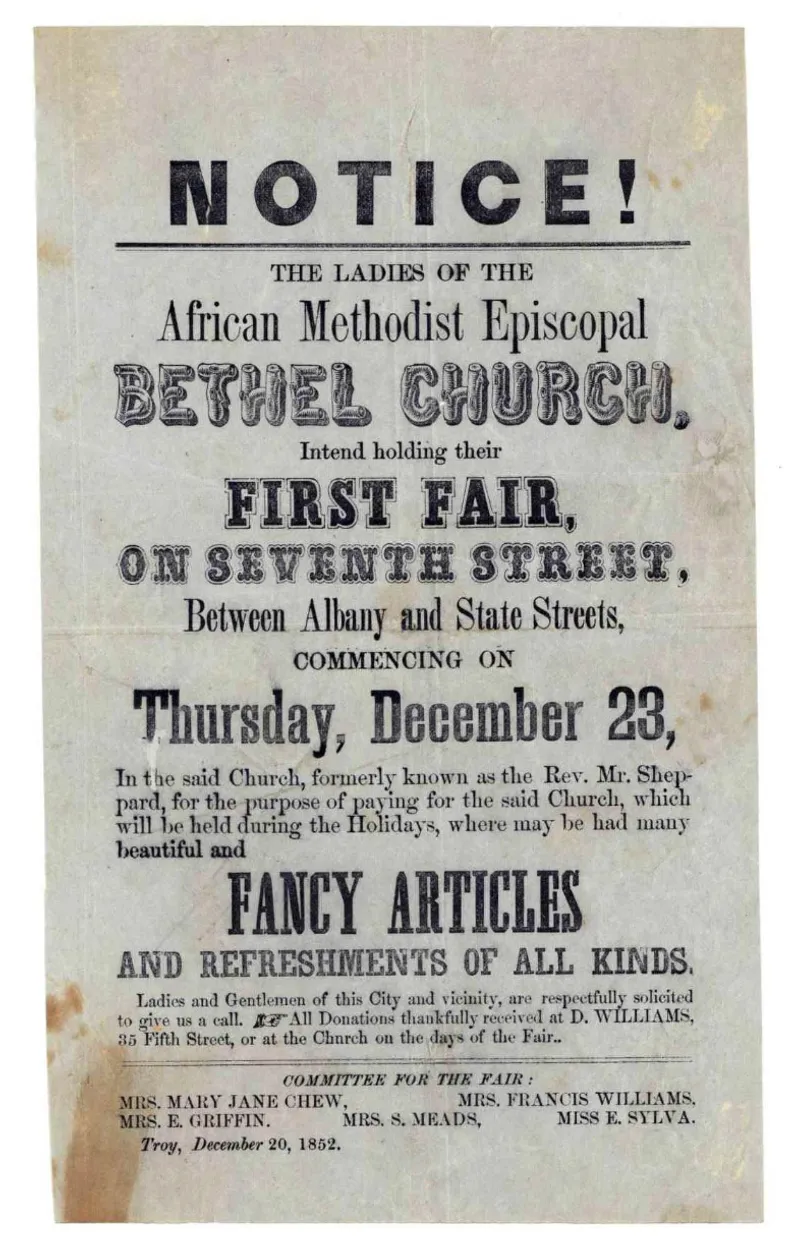 Notice! The Ladies of the African Methodist Episcopal Bethel Church, Intend holding their First Fair on Seventh Street ...