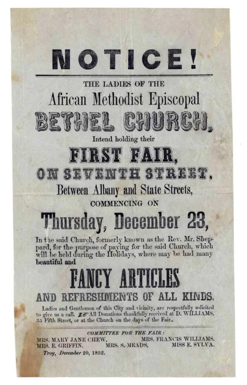 Notice! The Ladies of the African Methodist Episcopal Bethel Church, Intend holding their First Fair on Seventh Street ...