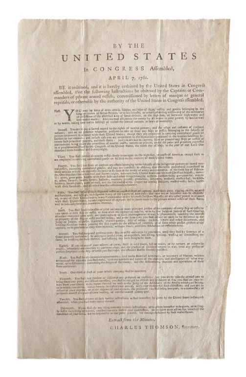 April 7, 1781 be it ordained ... the Following Instructions be Observed by the Captains or Commanders of Private Armed Vessels ...