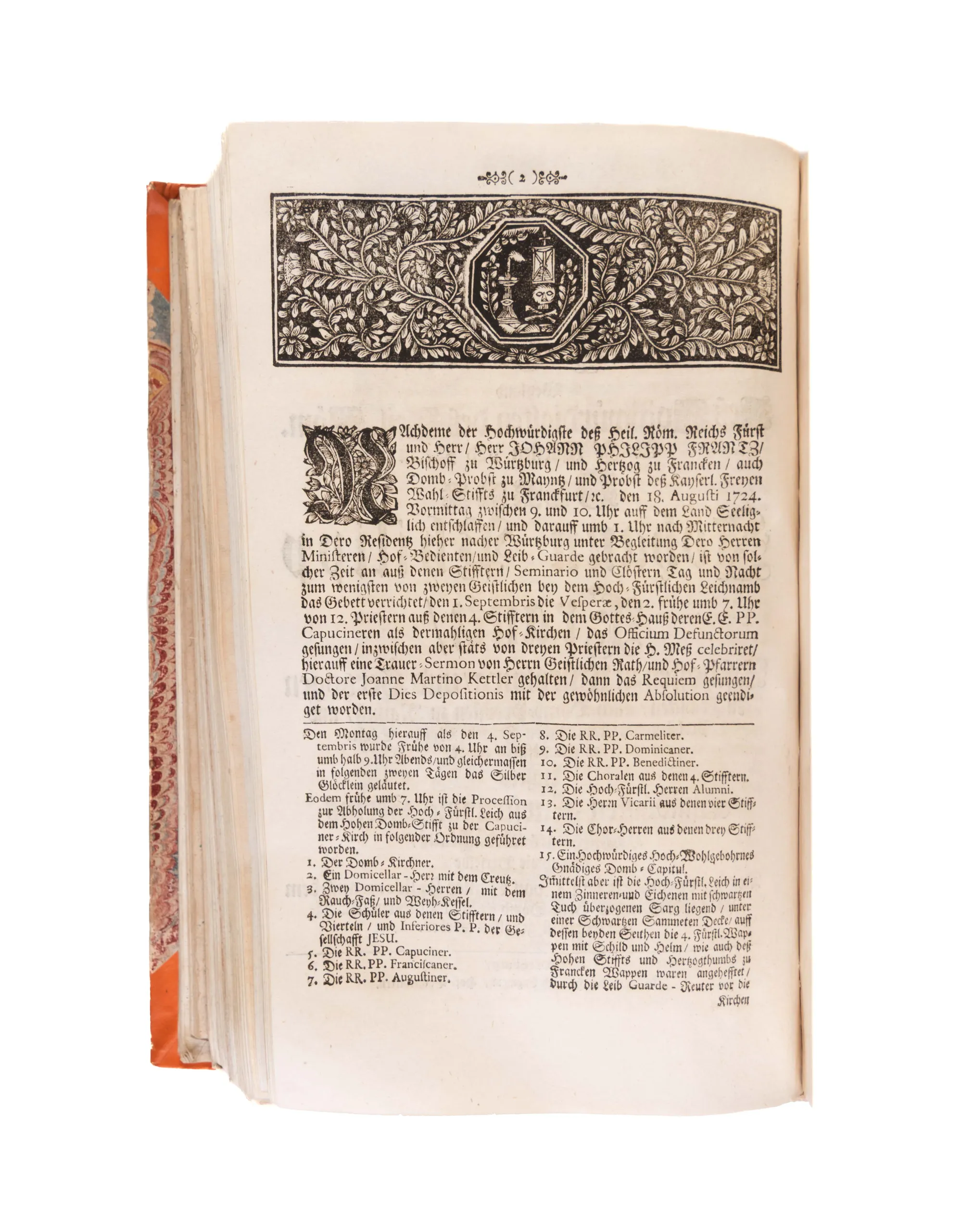 A fine Sammelband of 47 funeral orations, mostly of high ranking members of the clergy in Southern Germany, Emperors and local secular rulers.   
Würzburg etc., from 1694.