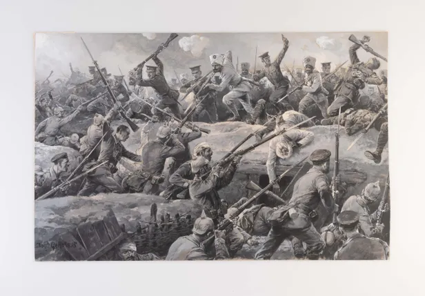 German trench under attack by British and Sikh forces at Ypres.