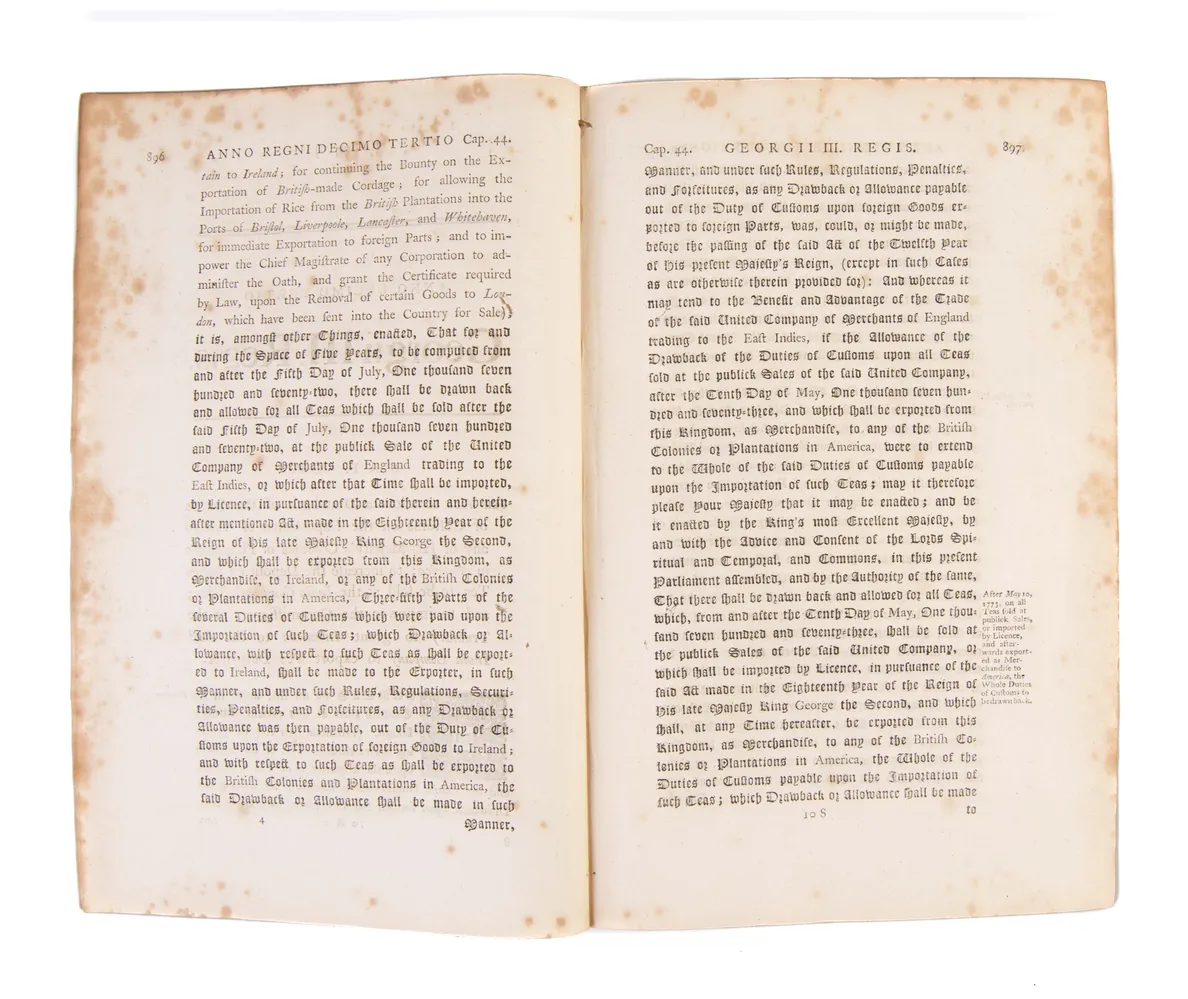 An Act to allow a Drawback of the duties of Customs on the Exportation of Tea to any of his Majesty's Colonies or Plantations in America;