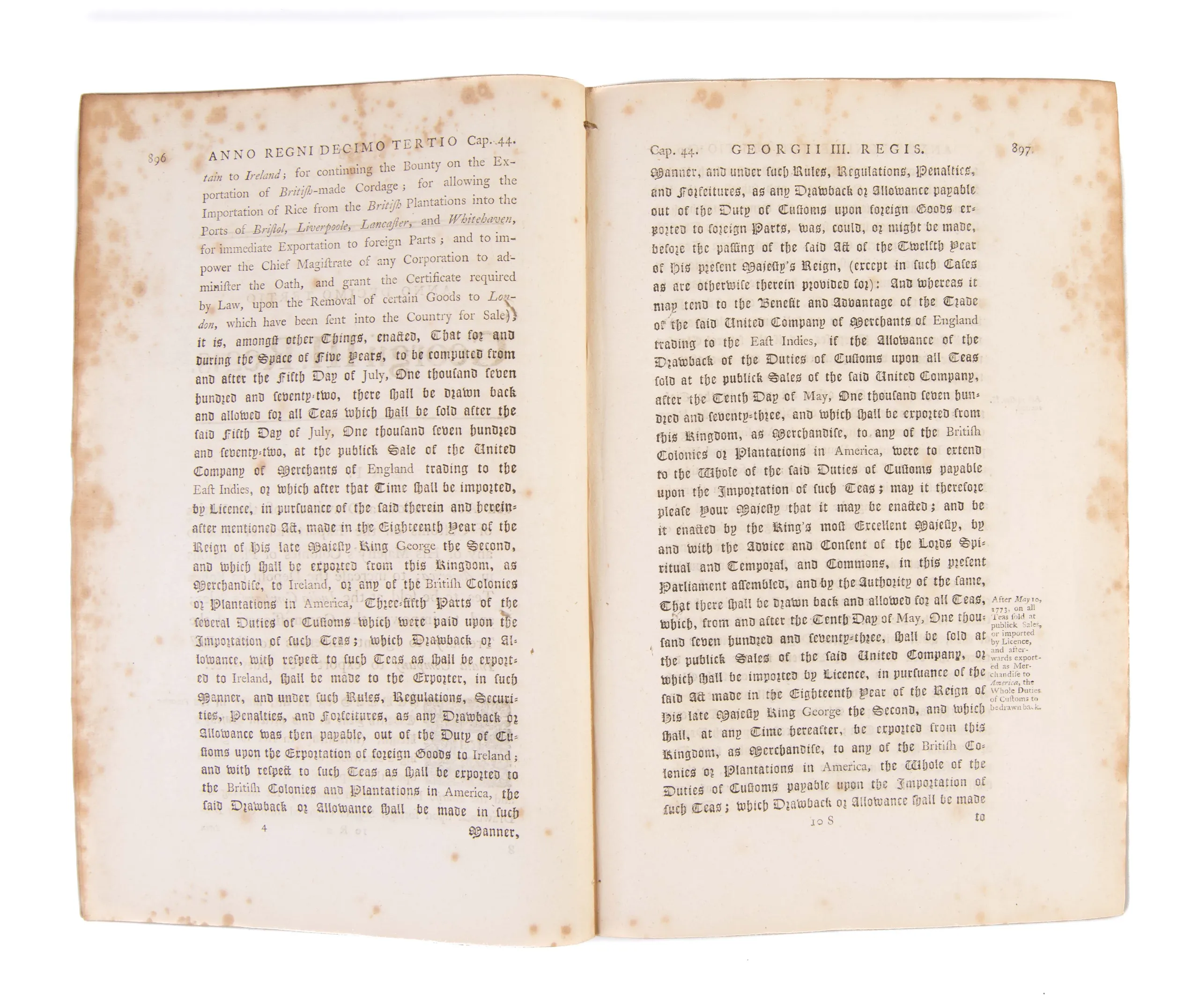 An Act to allow a Drawback of the duties of Customs on the Exportation of Tea to any of his Majesty's Colonies or Plantations in America;