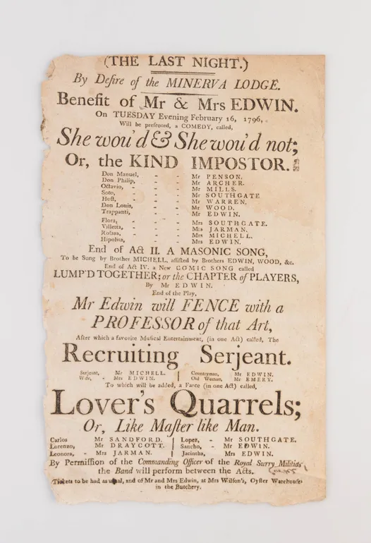A collection of 18 18th-century theatrical playbills for various performances at the Theatre Royal, Hull.