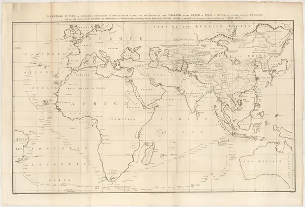 A General Chart, on Mercator's Projection, to shew the track of the Lion and Hindostan from England to the Gulph of Pekin in China, and of their return to England ...