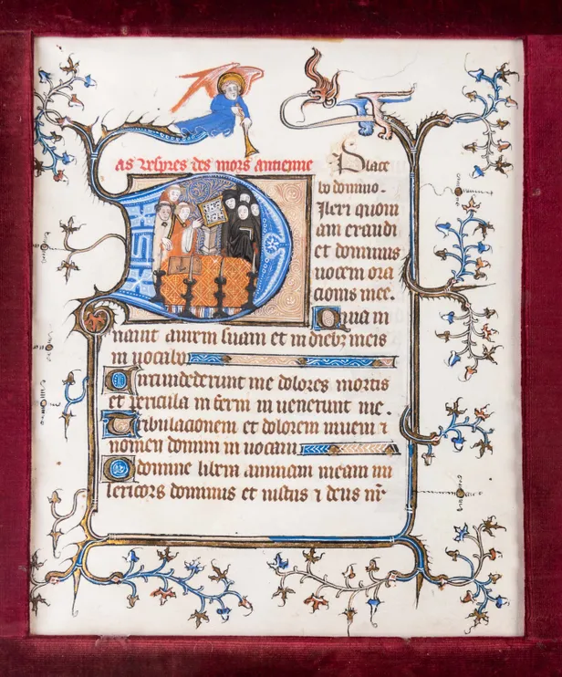 A Funeral Service, historiated initials on a leaf from an early Book of Hours, in Latin and French, illuminated manuscript on vellum [Northern France (Picardy, Noyon?), 14th century (c. 1370s)]