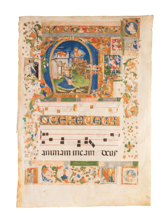 King David before God, in a historiated initial, and other scenes, on a leaf from a very large Gradual, in Latin, illuminated manuscript on vellum 
[Italy (Florence), mid-15th century]