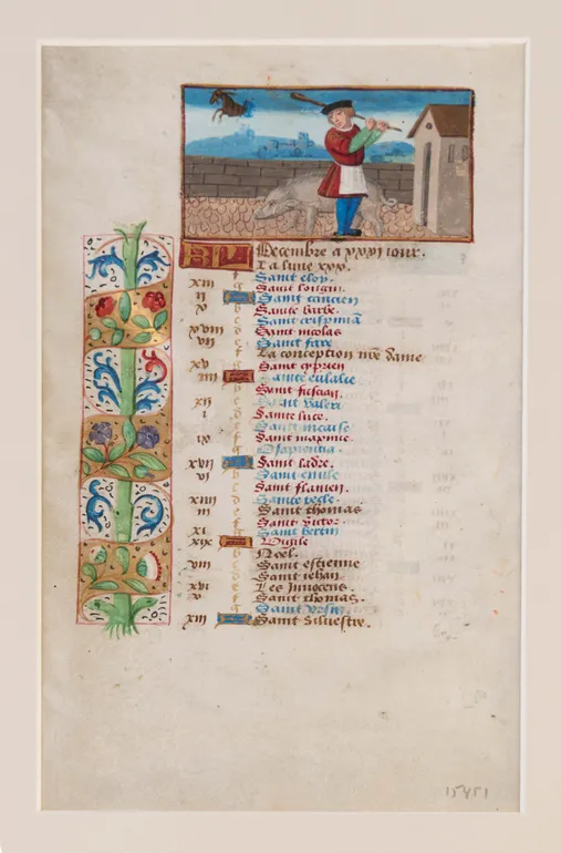 Illuminated calendar leaf on vellum for November/December from a Book of Hours. Cental France (Bourges or Tours ?), c.