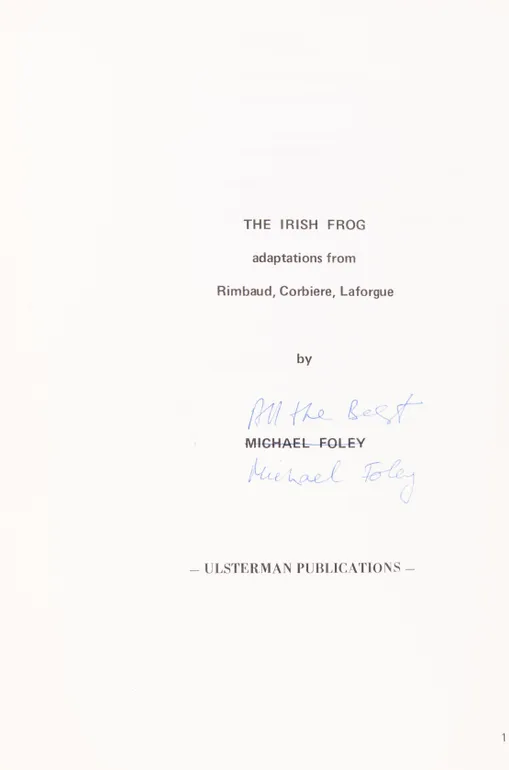 The Irish Frog. Adaptations from Rimbaud, Corbiere, Laforgue.