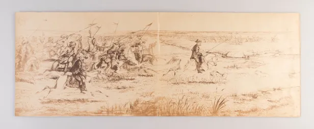 Two photographic prints of drawings depicting panoramic scenes from the Indian Uprising and Second Opium War.