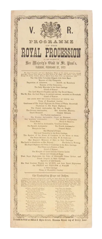 Programme of the Royal Procession on the occasion of Her Majesty's visit to St Paul's Cathedral, London, 27 February 1872.