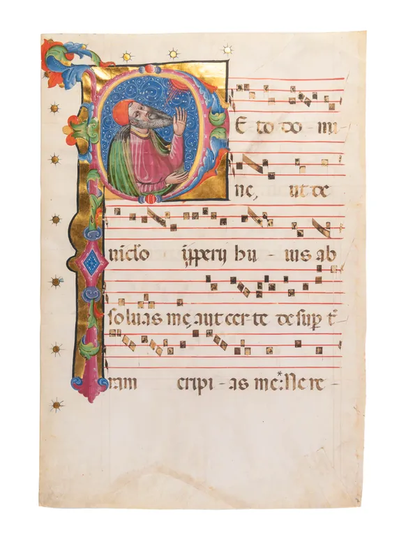 The Old Testament Prophet Tobit, in a large historiated initial on a leaf from a very large Antiphonary, in Latin, illuminated manuscript on vellum
[Italy (Bologna or Ferrara?), mid 15th century]