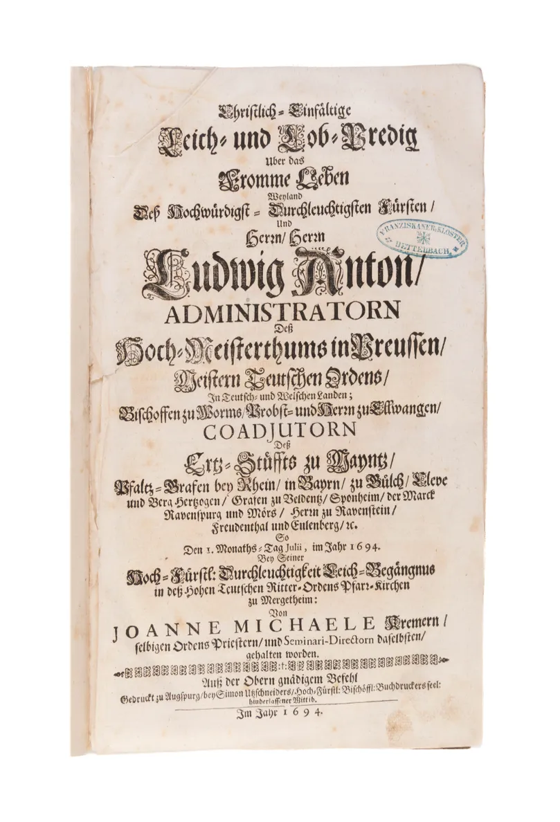A fine Sammelband of 47 funeral orations, mostly of high ranking members of the clergy in Southern Germany, Emperors and local secular rulers.   
Würzburg etc., from 1694.