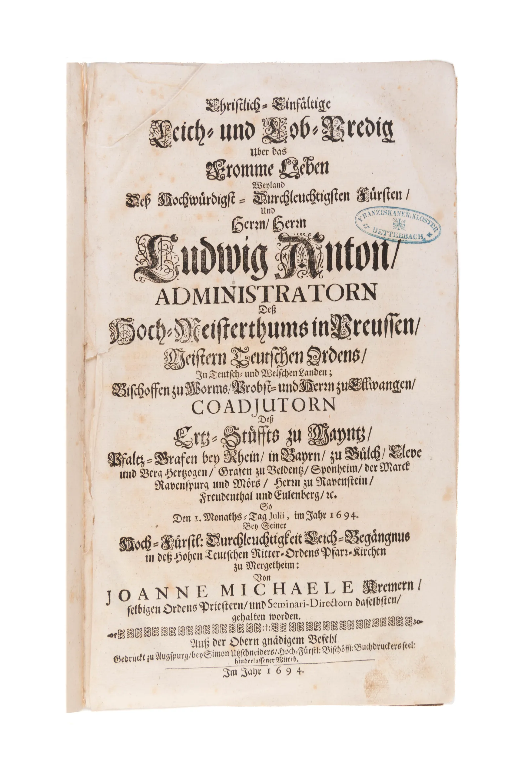 A fine Sammelband of 47 funeral orations, mostly of high ranking members of the clergy in Southern Germany, Emperors and local secular rulers.   
Würzburg etc., from 1694.