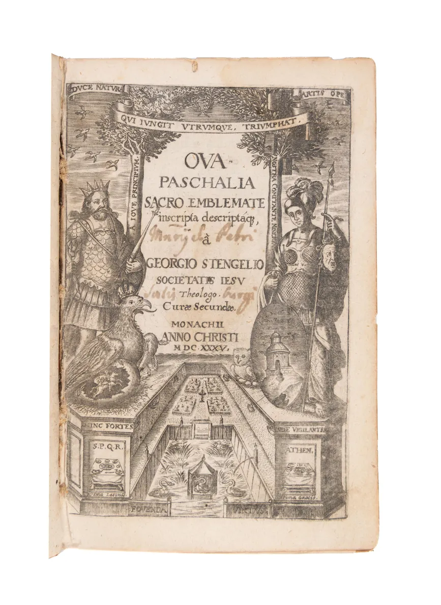 Ova Paschalia sacro emblemate inscripta descriptaque a Georgio Stengelio Societatis Iesu Theologo Curae Secundae.
Munich, (Nicolas Henricus), 1635