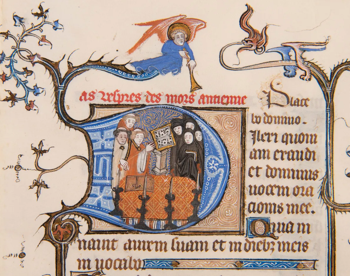 A Funeral Service, leaf from an early Book of Hours, in Latin and French, with historiated initial. Illuminated manuscript on vellum [Northern France, 14th century (c. 1370s)]