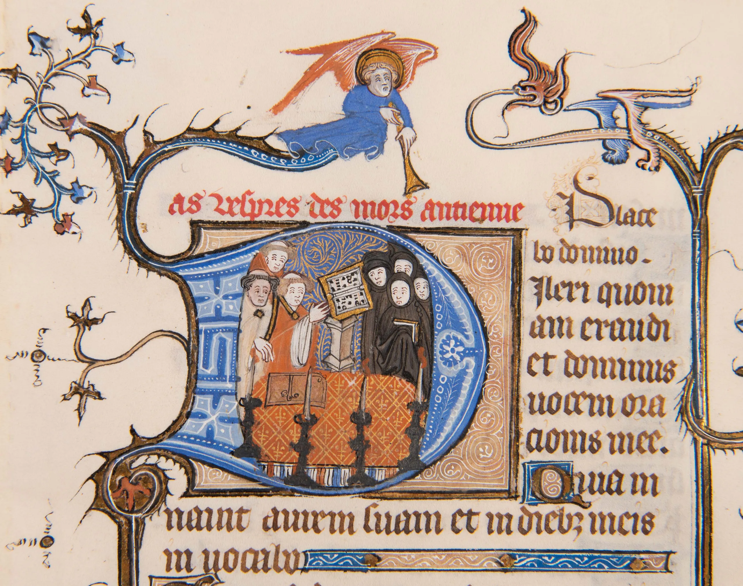 A Funeral Service, leaf from an early Book of Hours, in Latin and French, with historiated initial. Illuminated manuscript on vellum [Northern France, 14th century (c. 1370s)]