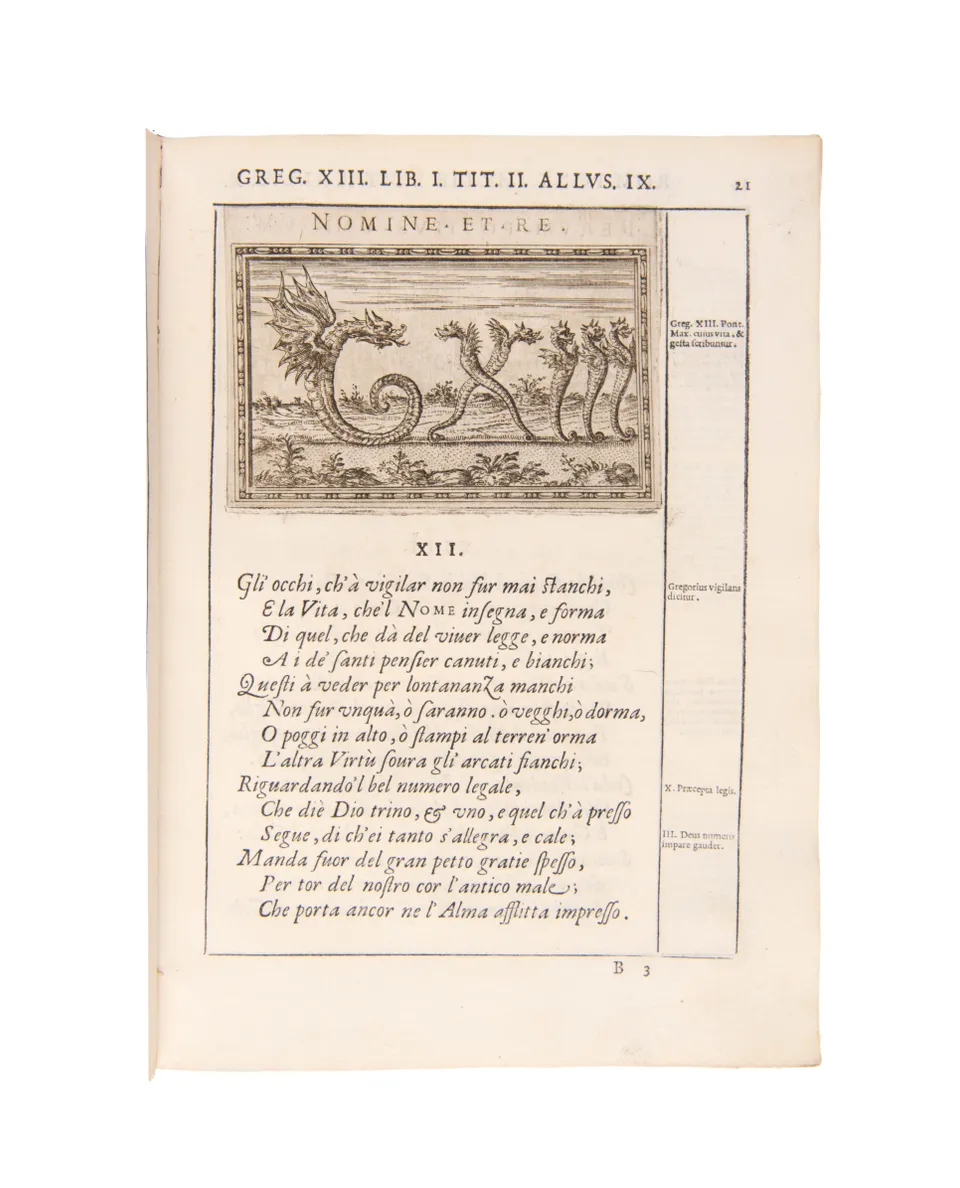 Delle allusioni, imprese, et emblemi sopra la vita, opere, et attioni di Gregorio. XIII. pontefice massimo libri vi.
Rome, Bartolomeo Grassi, 1588