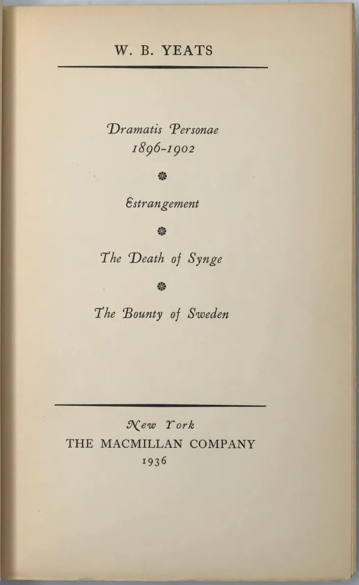 Dramatis Personae 1896-1902. Estrangement. The Death of Synge. The Bounty of Sweden.