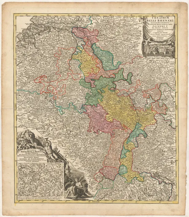 Theatrum Belli Rhenani auspicatis Militiæ Primitus Potentissimi Roman. et Hunga. Regis Iosephi I. Pii Felicis Augusti. Landavio Gloriose Expugnato apertum 10 Septemb. Anno MDCCII. Nova Tabula repraesentatu[m] …