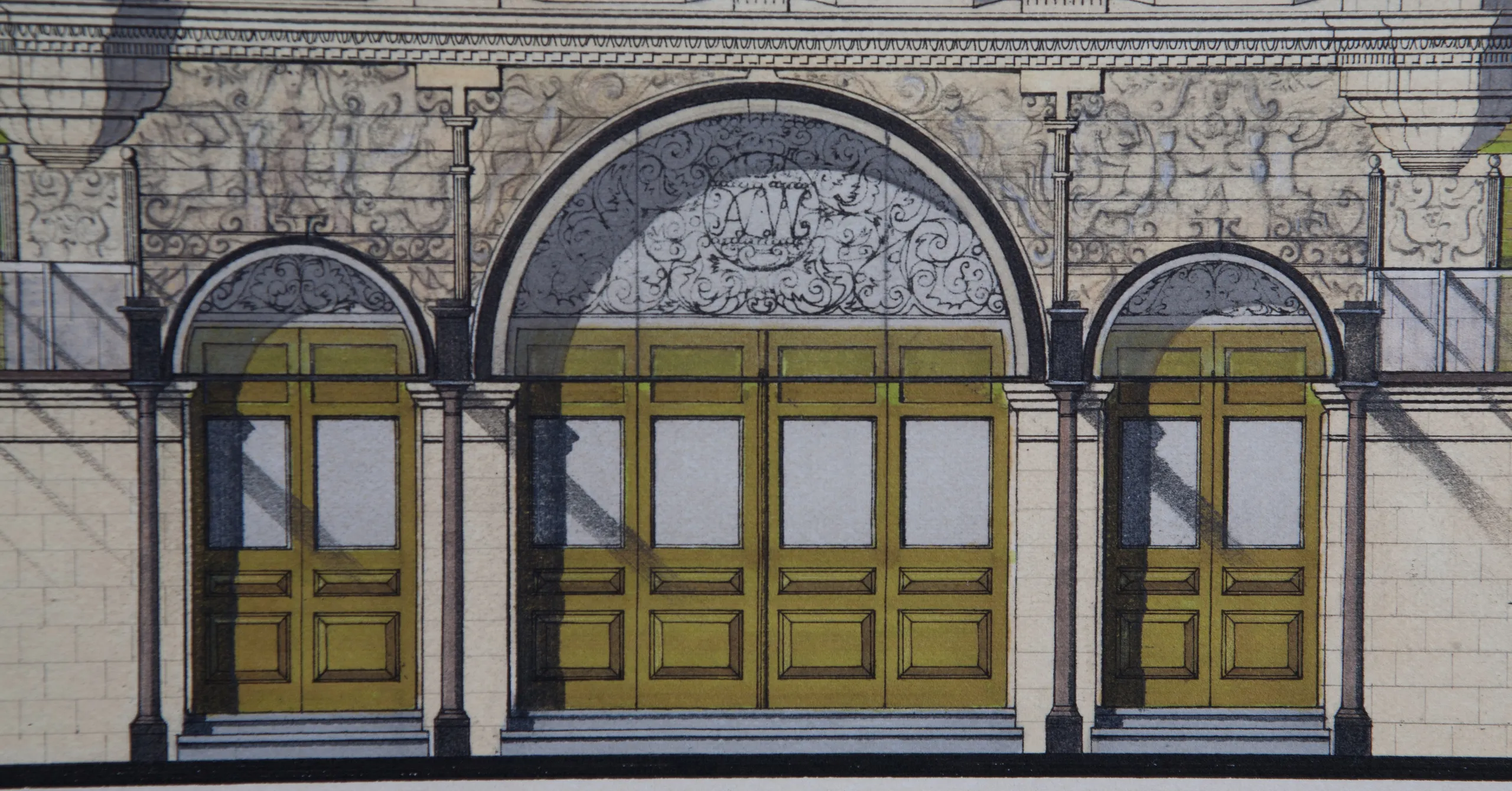 Original drawing, architectural rendering of the front elevation of the Palace Theatre, Cambridge Circus London.