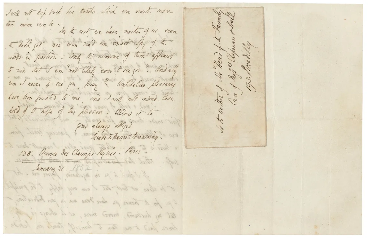 Six autograph letters signed (“Elizabeth Barrett Browning’) to [Dinah] Mulock (later Craik).