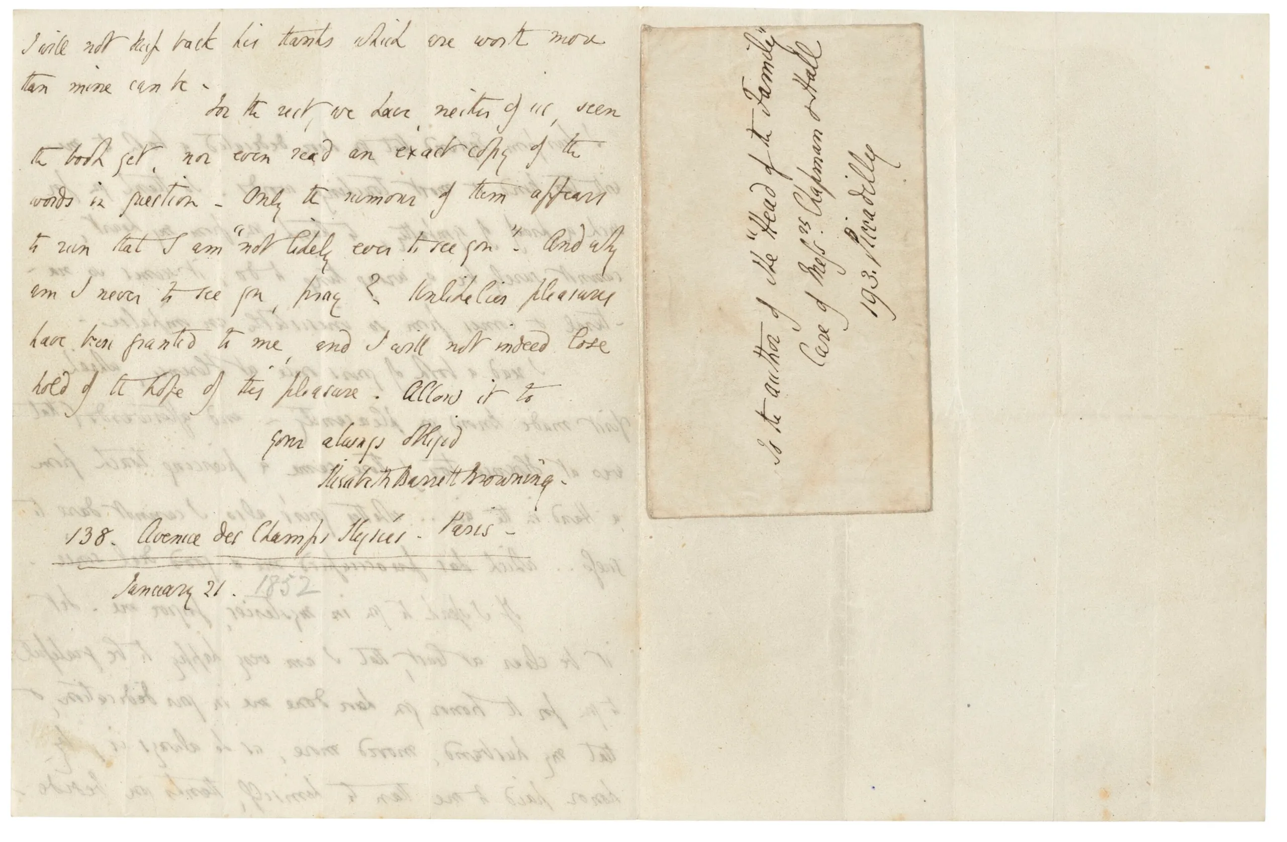 Six autograph letters signed (“Elizabeth Barrett Browning’) to [Dinah] Mulock (later Craik).